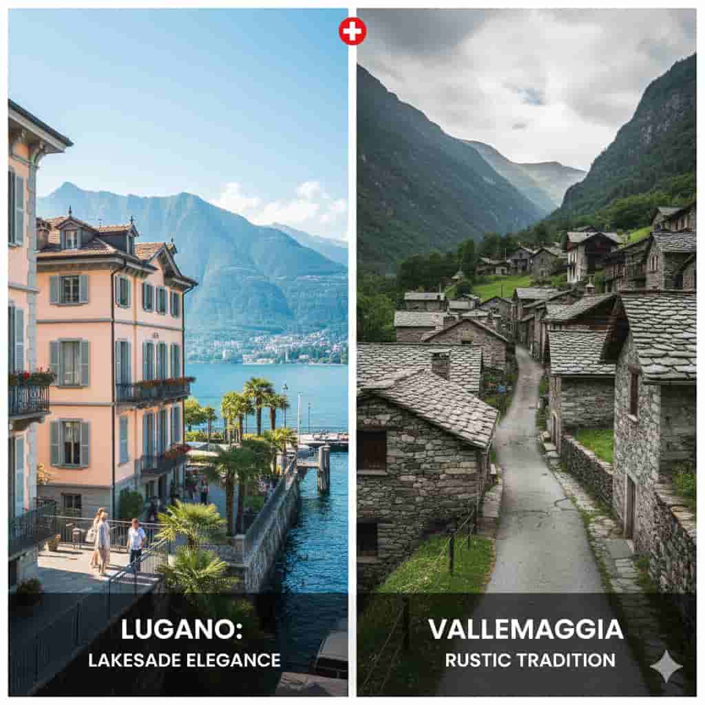 "Lakeside Luxury of Lugano" vs the "Stone Rustici of Vallemaggia"