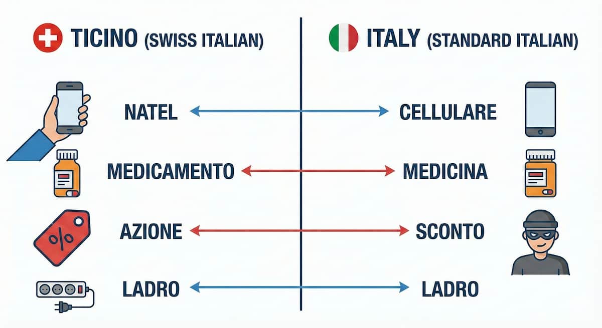 A split-screen infographic comparing Swiss Italian terms like Natel and Medicamento against Standard Italian terms, serving as a visual vocabulary cheat sheet for life in Ticino.
